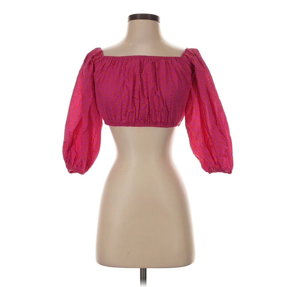 NWT Alexis Hot Pink Off Shoulder Puff Sleeve Crop Top Womens XS Smocked Designer